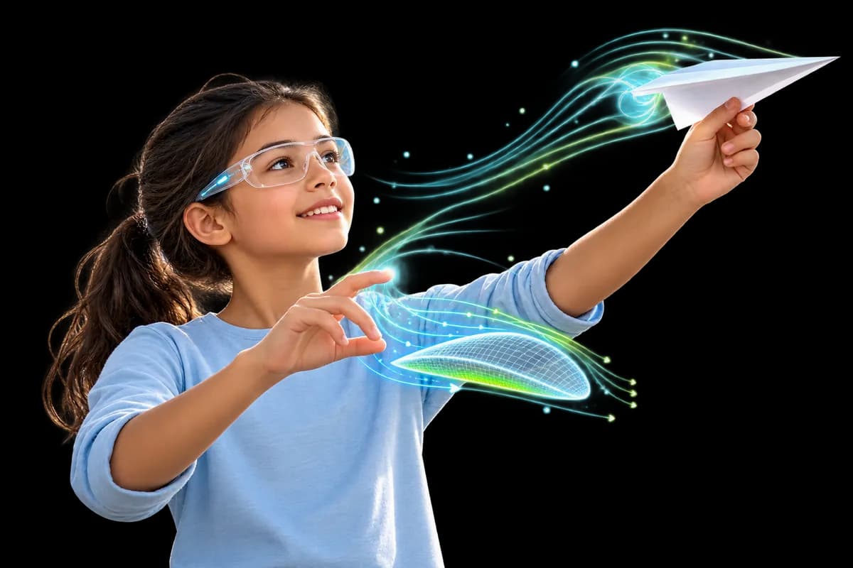 Concept artwork of a learner studying a paper glider with visual airflow lines