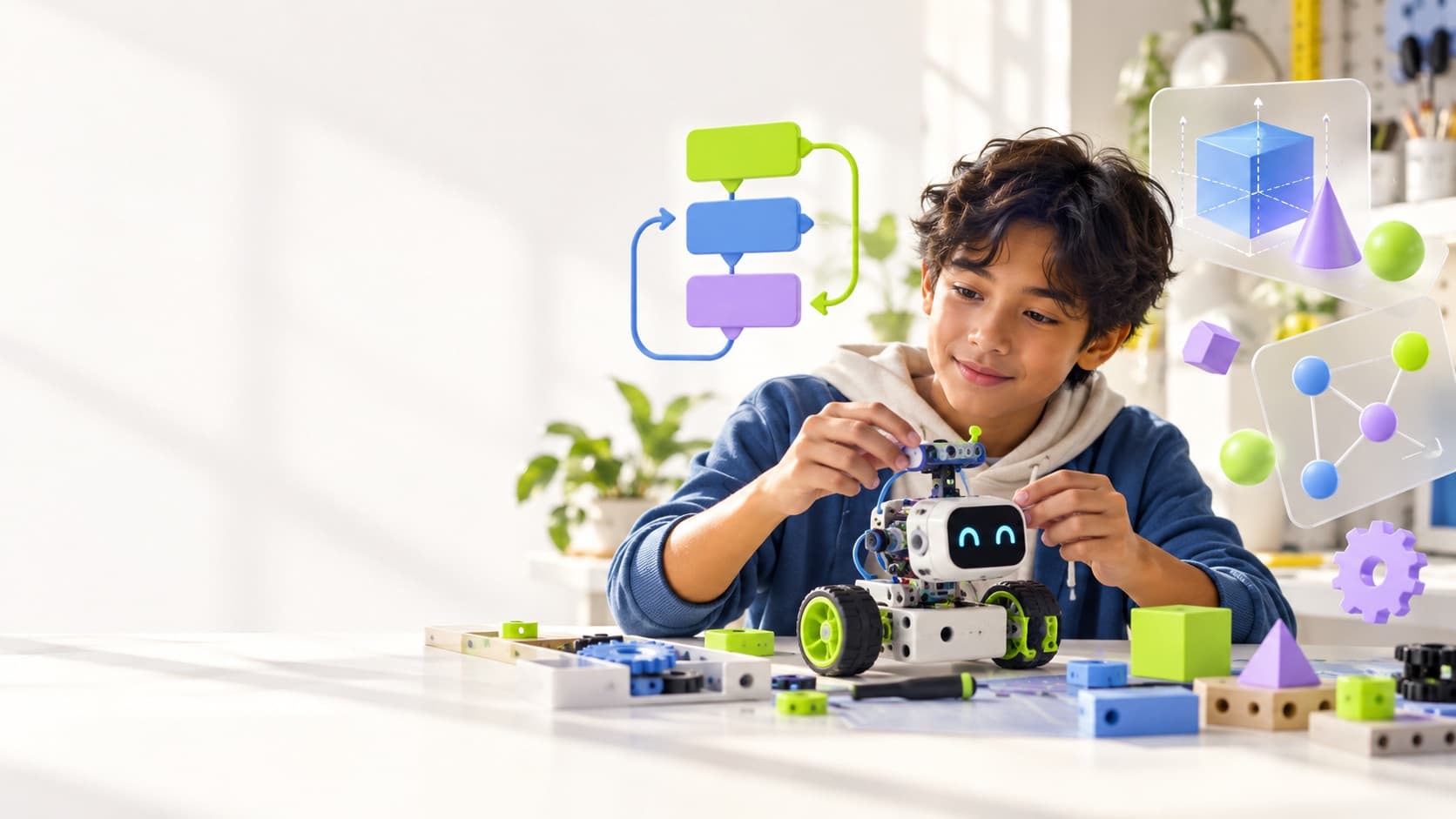 A child exploring a small robot and visual models