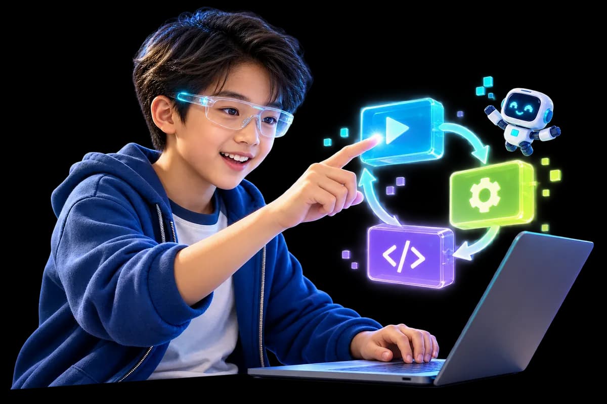 Concept artwork of a learner exploring a visual programming flow