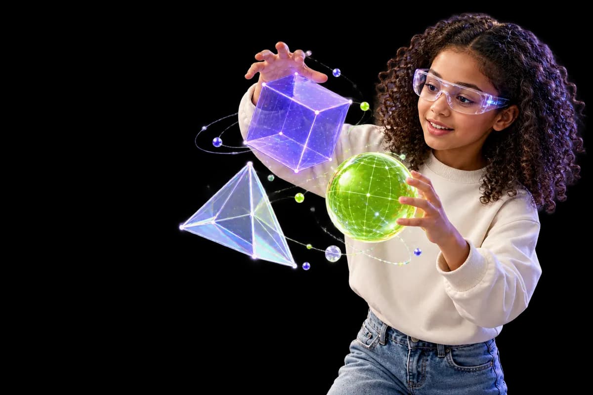 Concept artwork of a learner arranging transparent geometric solids