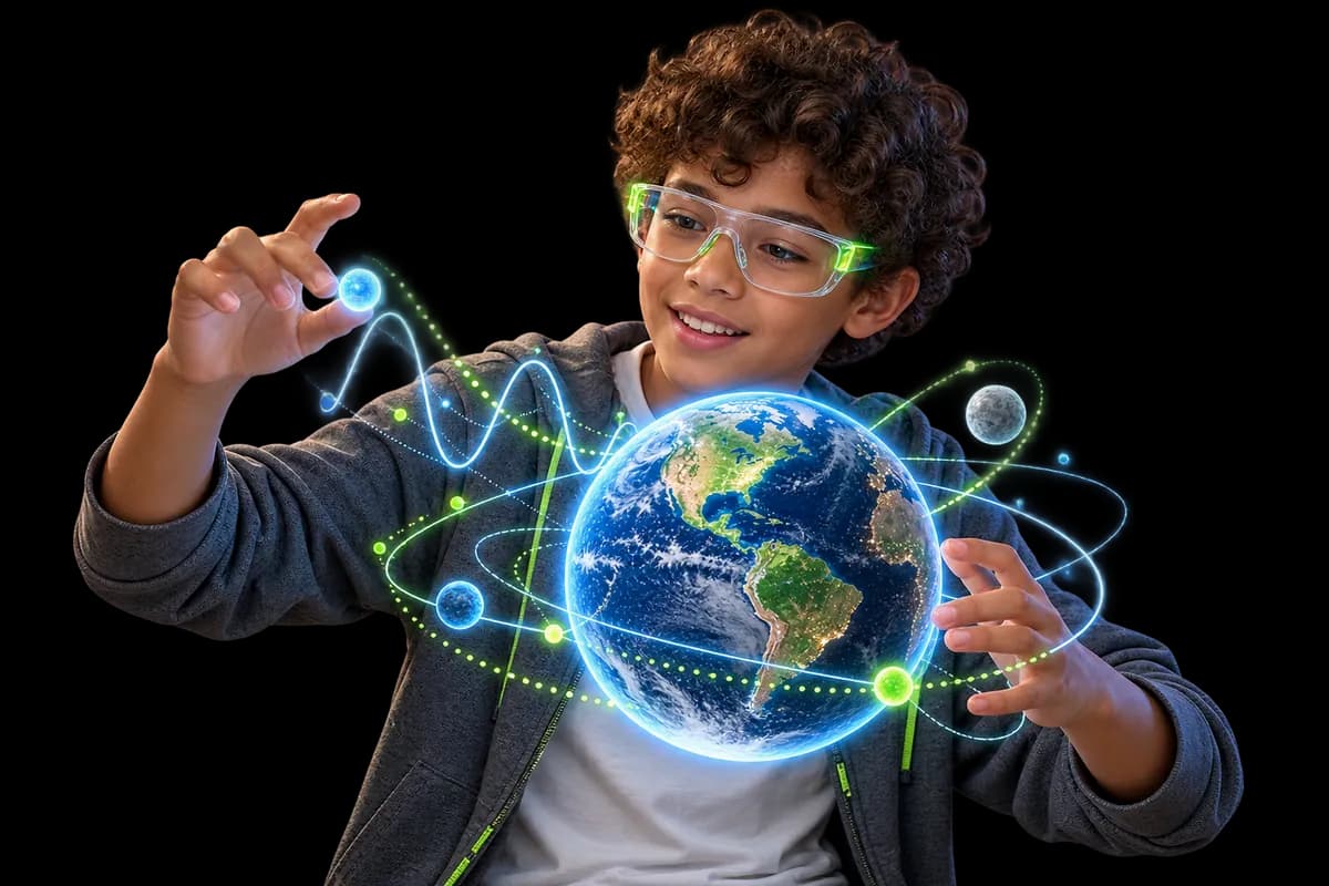 Concept artwork of a learner exploring Earth, orbits, and waves through clear glasses
